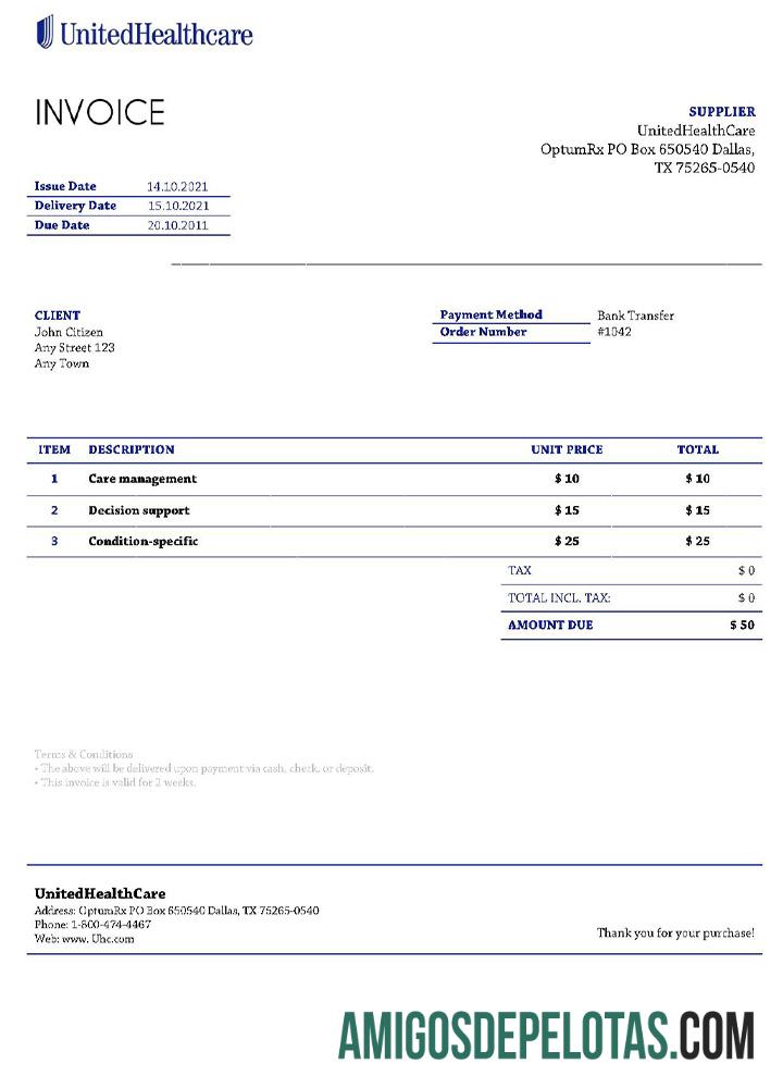 Fatura UnitedHealthCare dos EUA exemplo